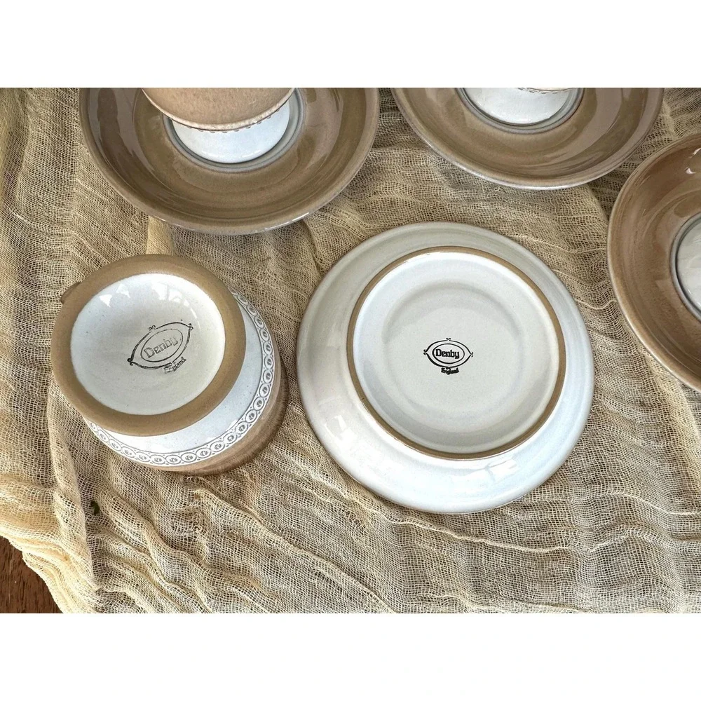 Seven 1980's Seville Denby Langley cup saucer tan cream‎ England Stoneware VTG